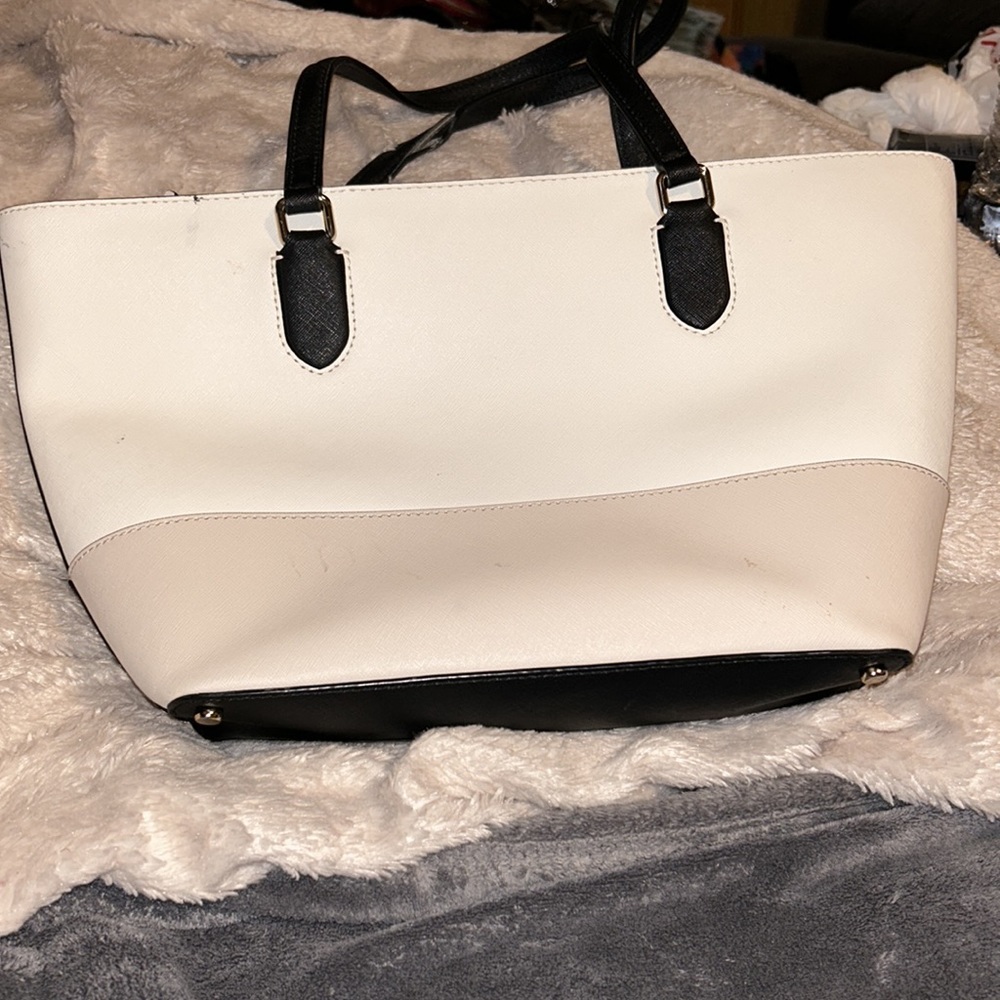 Kate Spade New York Tote Bag White Beige Black Handles - Picture 2 of 5